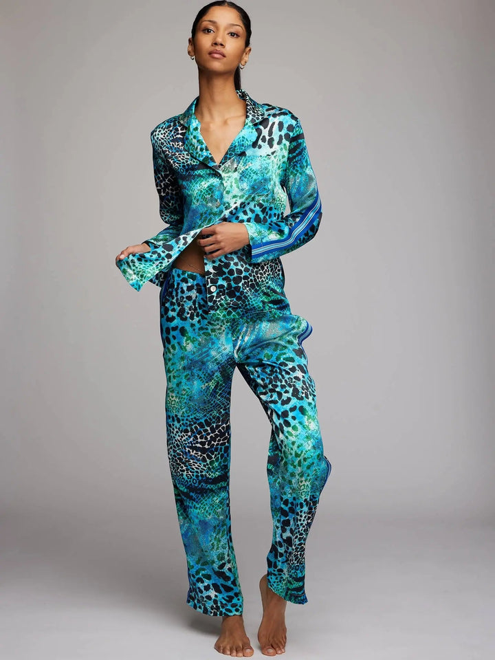 Women's blue and aqua leopard silk pajama set with stripe - Nigel Curtiss