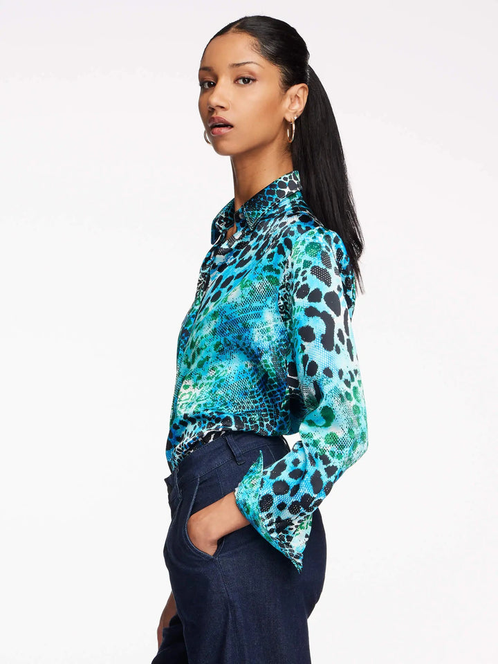 Women's Blue And Aqua Leopard Silk Shirt - Nigel Curtiss