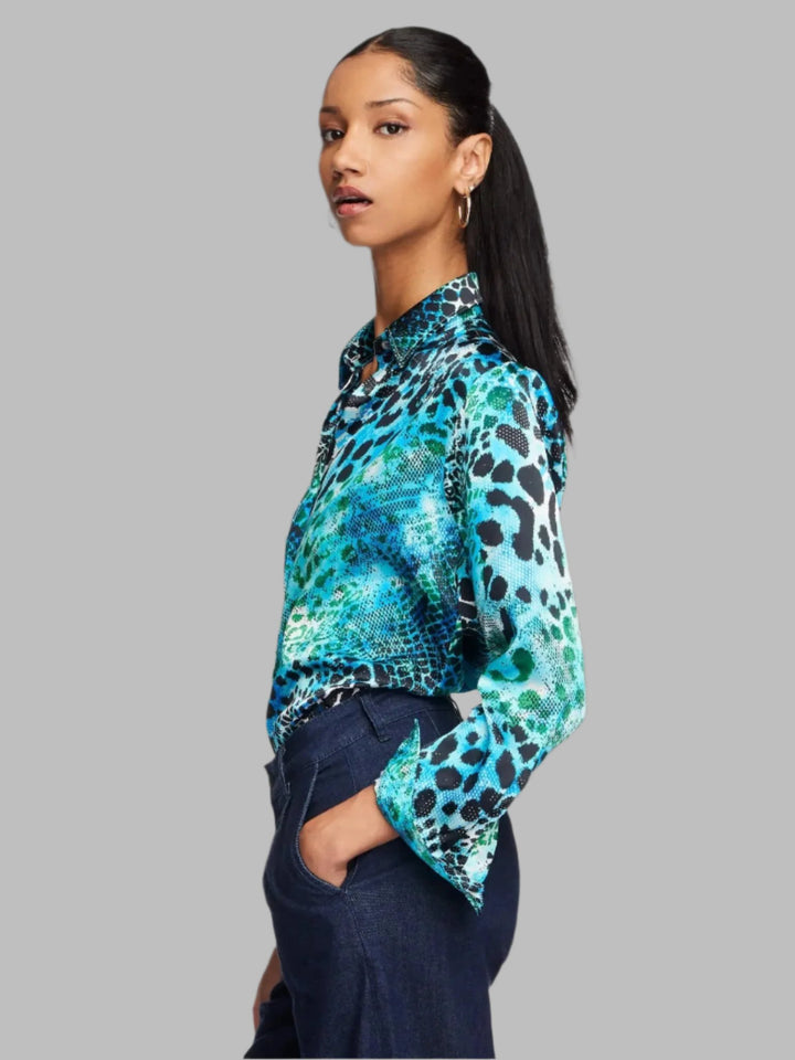 Women's Blue And Aqua Leopard Silk Shirt - Nigel Curtiss