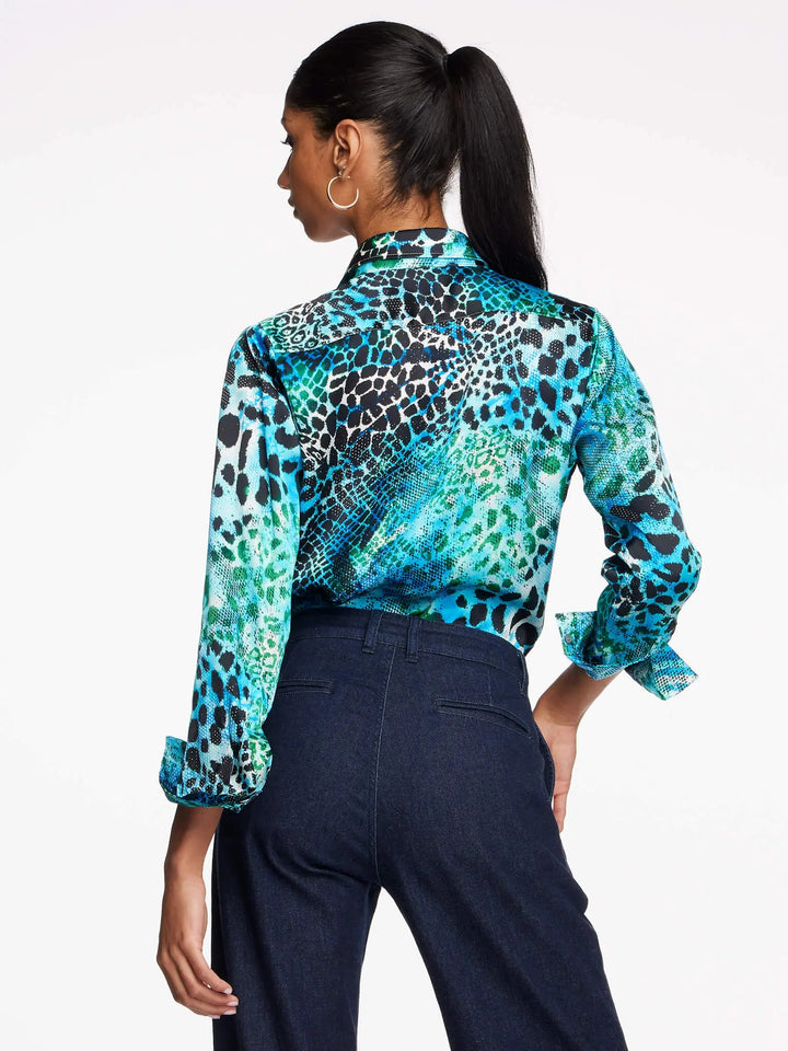 Women's Blue And Aqua Leopard Silk Shirt - Nigel Curtiss