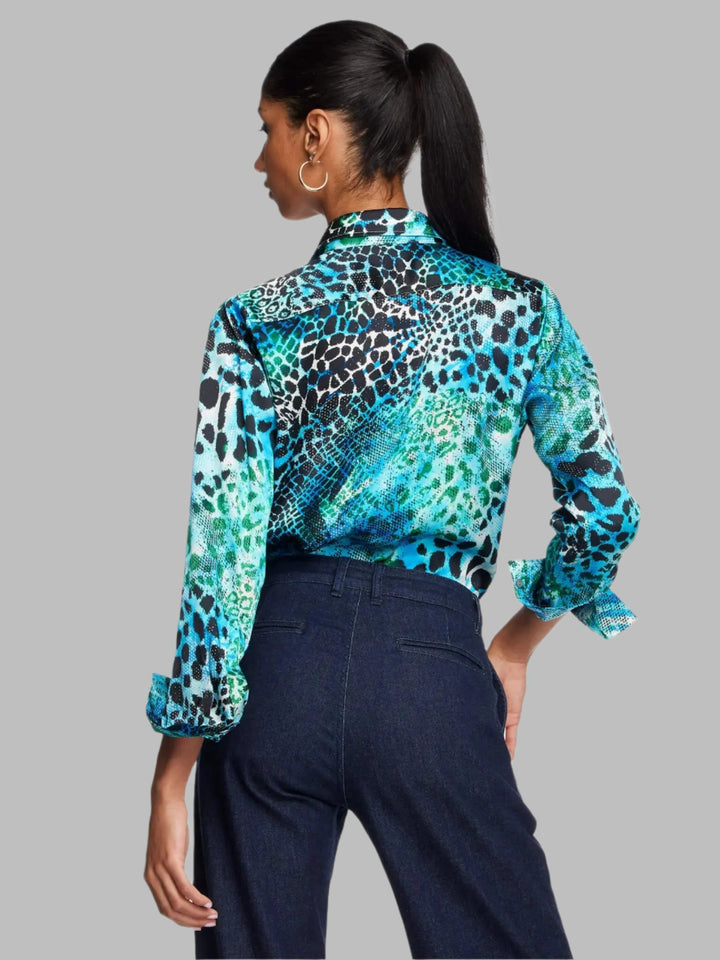 Women's Blue And Aqua Leopard Silk Shirt - Nigel Curtiss