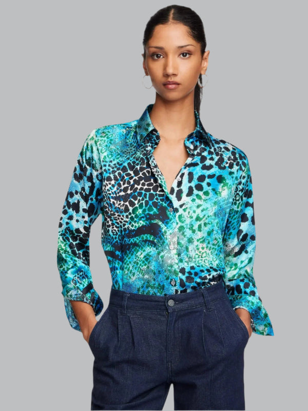 Women's Blue And Aqua Leopard Silk Shirt - Nigel Curtiss