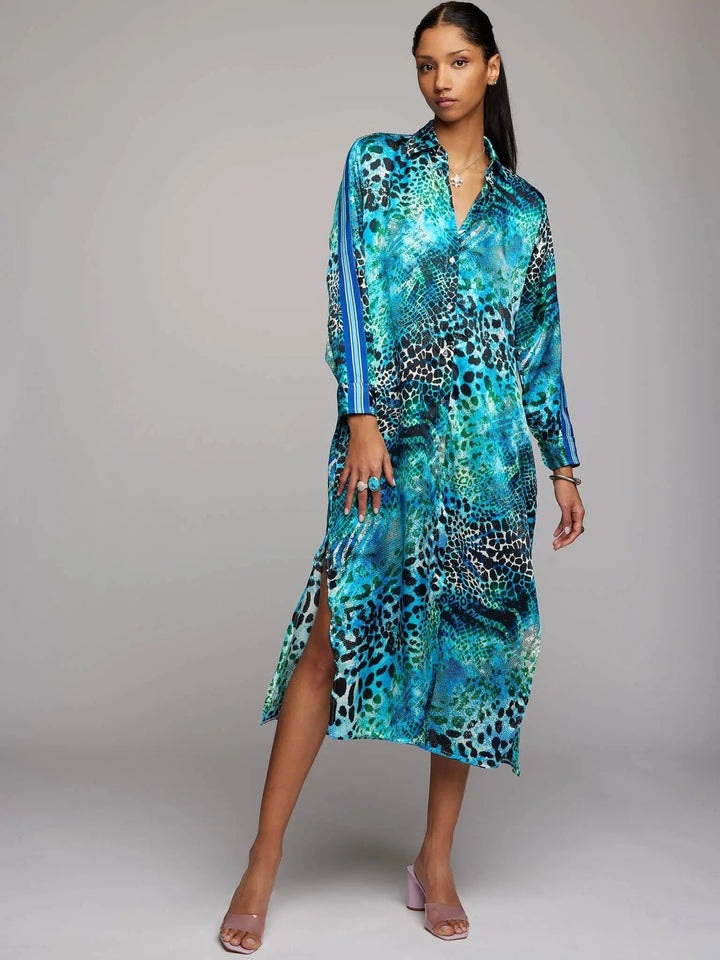 Women's Blue And Aqua Leopard Silk Shirt Dress With Stripe - Nigel Curtiss