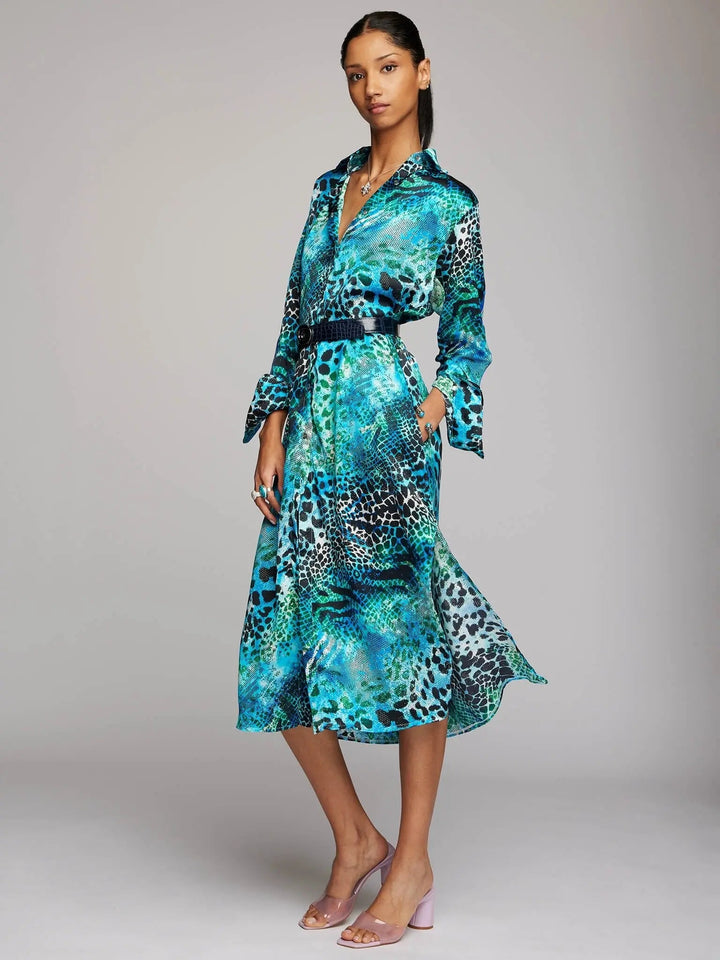 Women's Blue And Aqua Leopard Silk Shirt Dress With Stripe - Nigel Curtiss