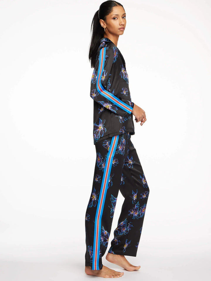 Women's Blue Jellyfish Floral Silk Pajama Set With Stripe - Nigel Curtiss