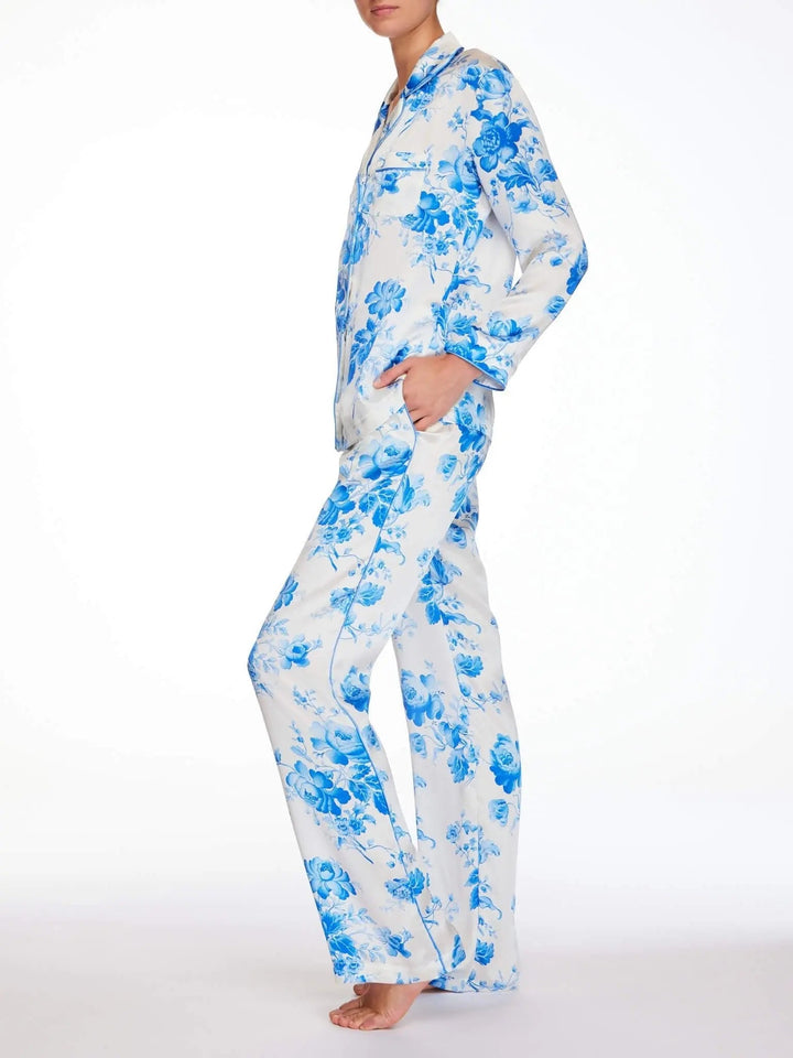 Women’s Blue Romance Silk Pajama Set with Piping, M