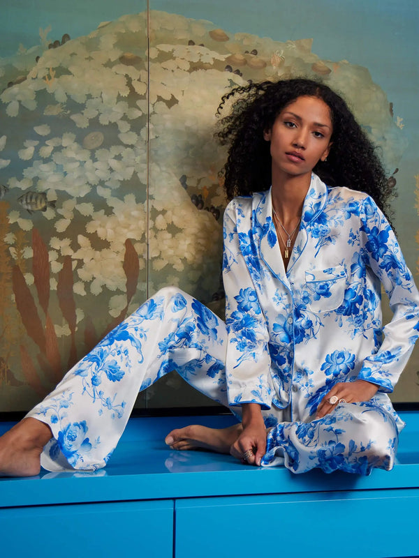 Women’s Blue Romance Silk Pajama Set With Piping - Nigel Curtiss