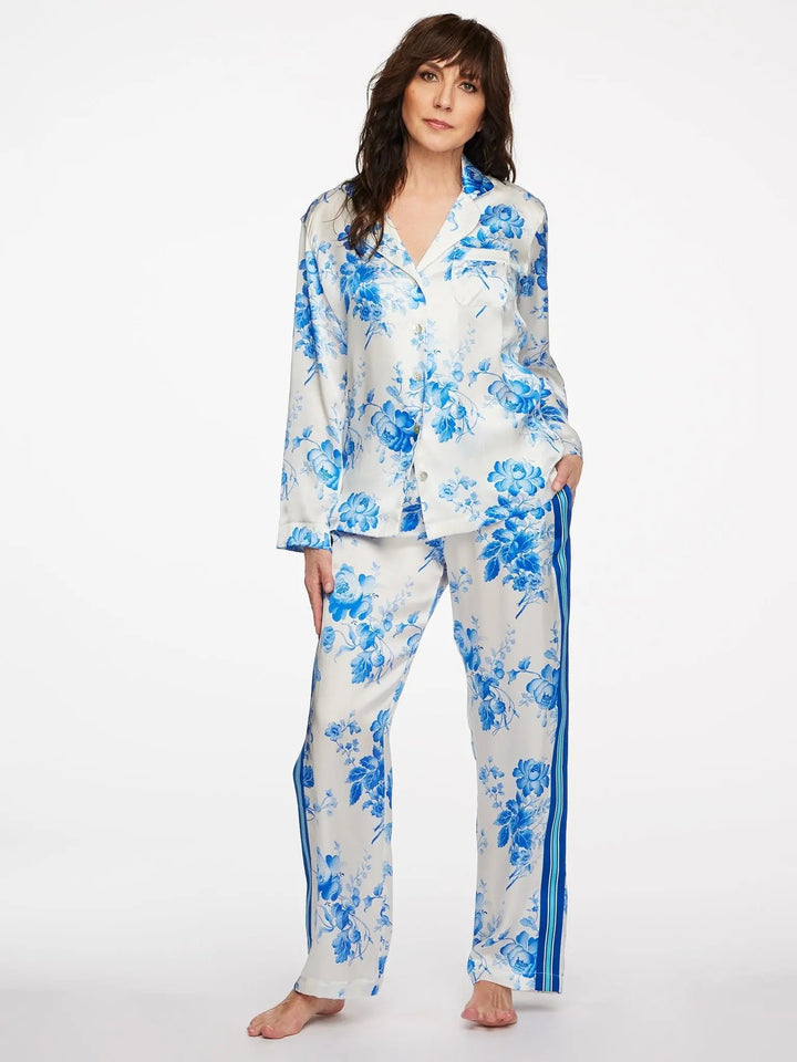 Women's Blue Romance Silk Pajama Set With Stripe - Nigel Curtiss