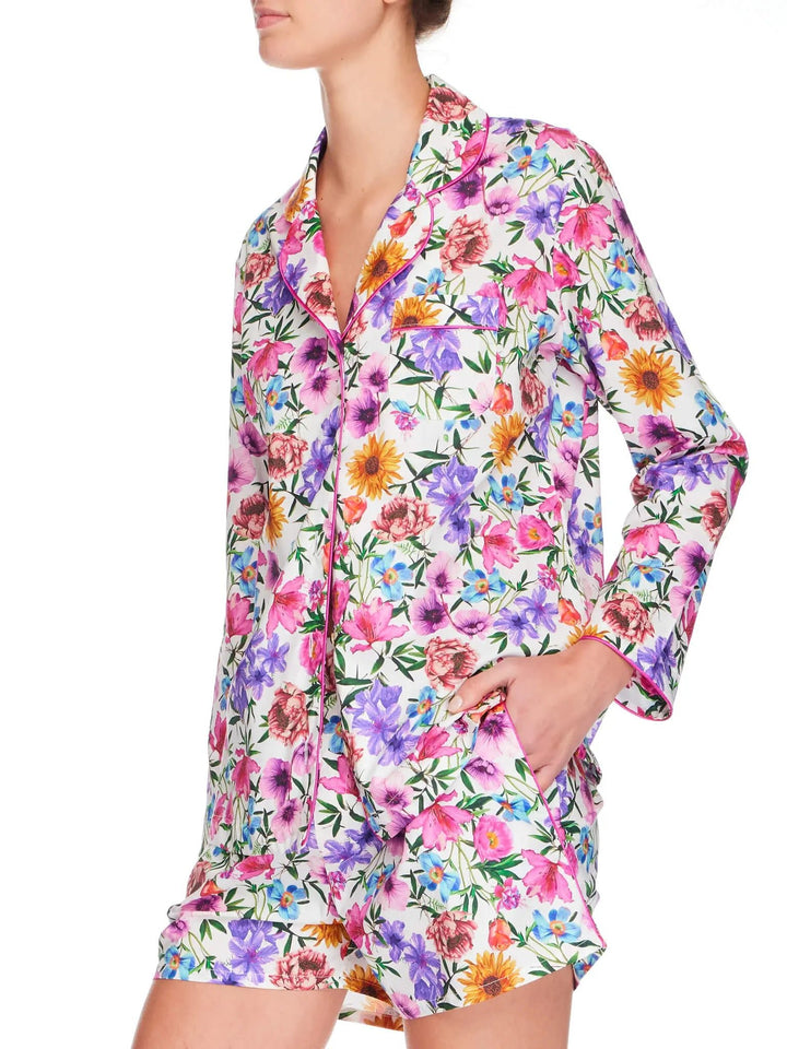 Women’s Botanical Dreams Cotton Shirt And Boxer Shorts Pajama Set With Piping - Nigel Curtiss