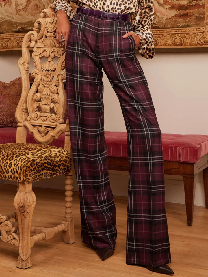 Women's Burgundy Tartan Pleated Pant - Nigel Curtiss