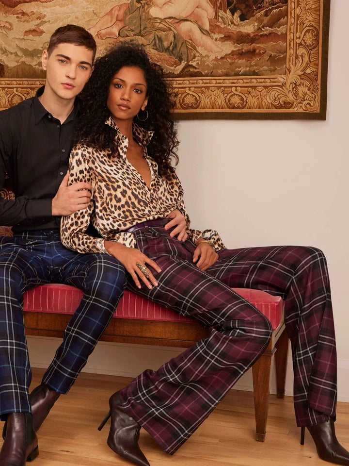 Women's Burgundy Tartan Pleated Pant - Nigel Curtiss