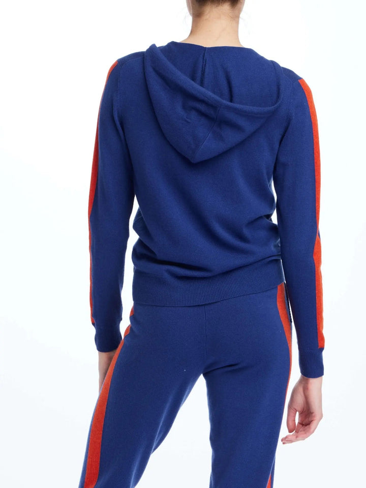 Women's Cashmere Hoodie In Blue With Red Stripe - Nigel Curtiss