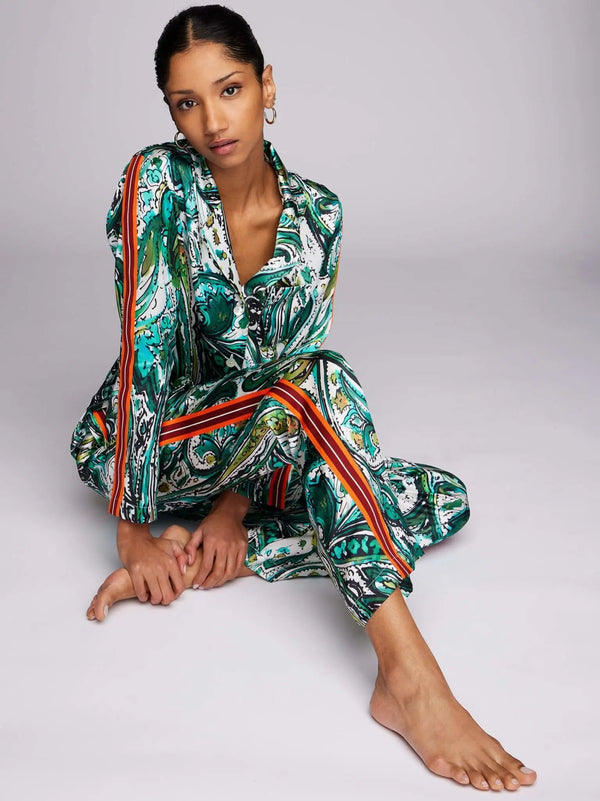 Women's Emerald Paisley Silk Pajama Set With Stripe - Nigel Curtiss