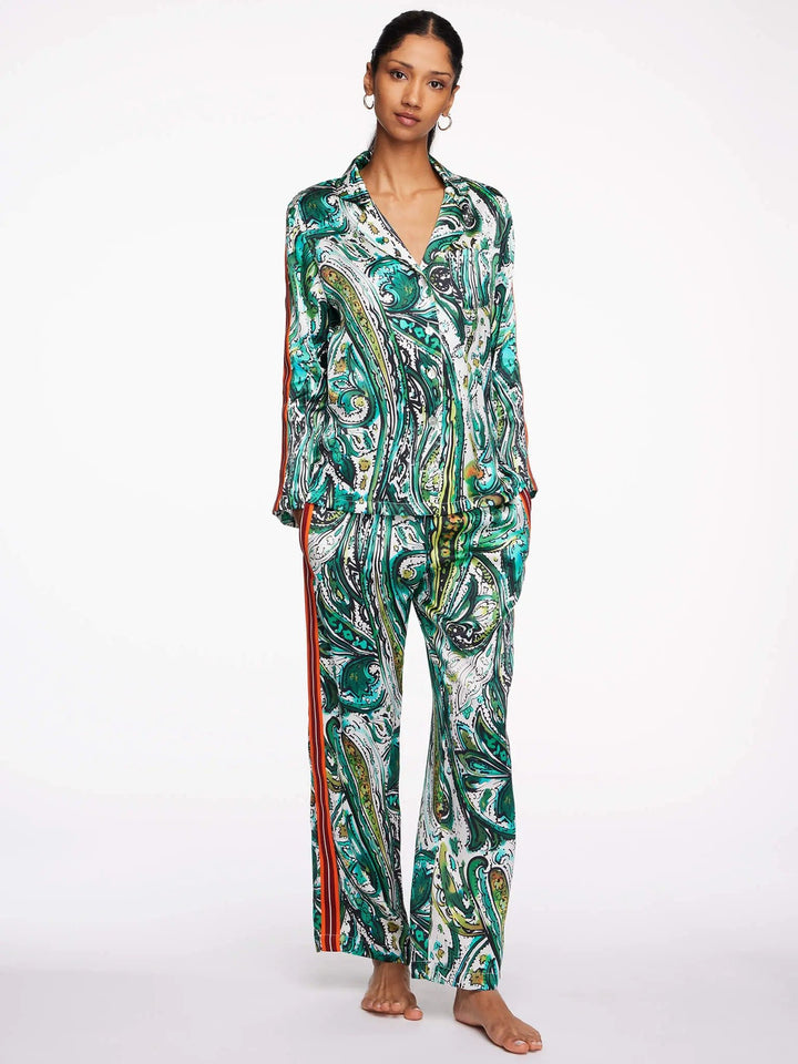 Women's Emerald Paisley Silk Pajama Set With Stripe - Nigel Curtiss