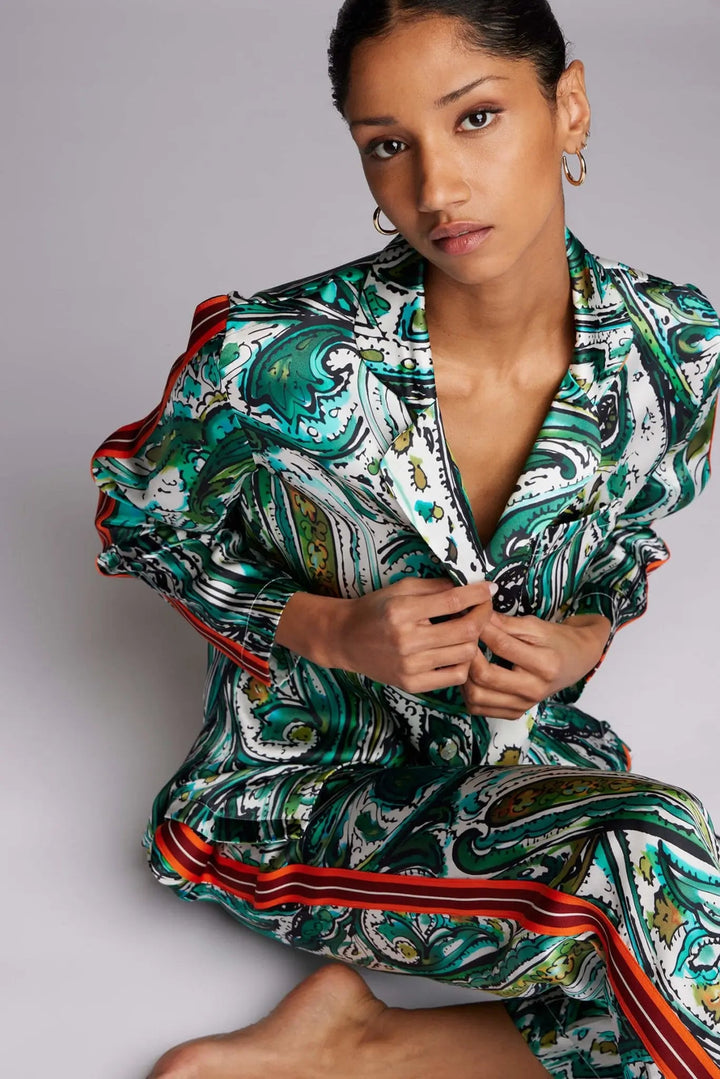 Women's Emerald Paisley Silk Pajama Set With Stripe - Nigel Curtiss