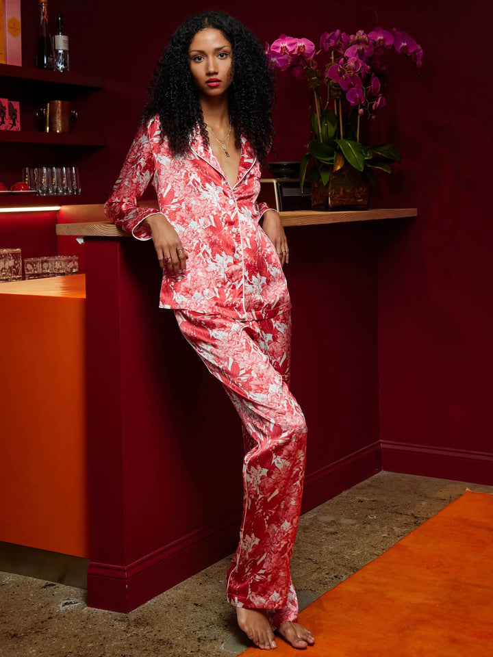 Women’s Fire Lily Silk Pajama Set With Piping - Nigel Curtiss
