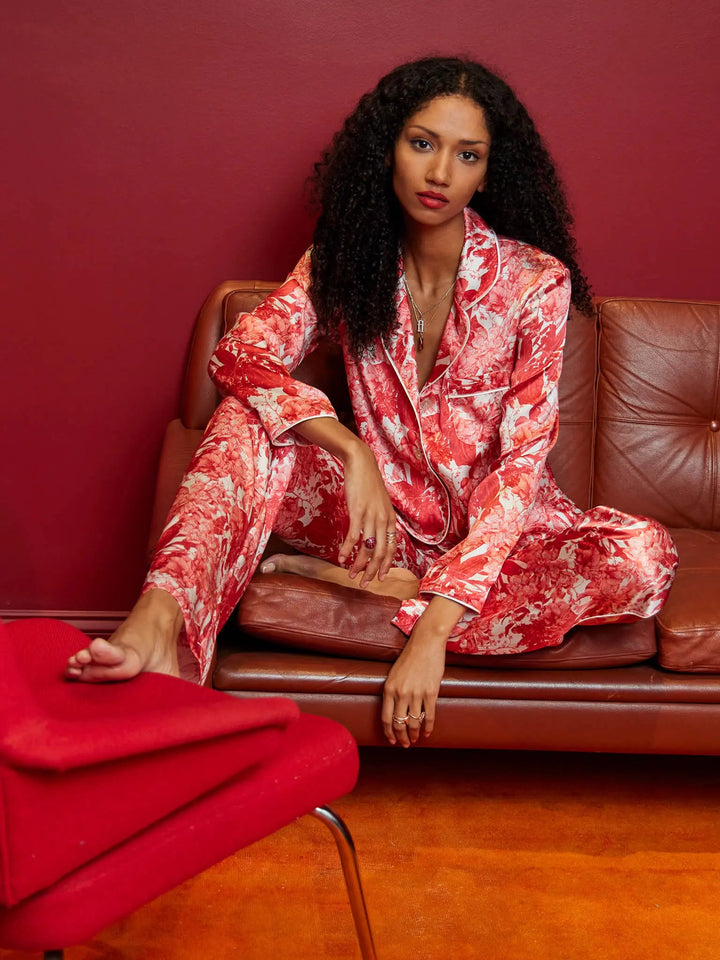Women’s Fire Lily Silk Pajama Set With Piping - Nigel Curtiss