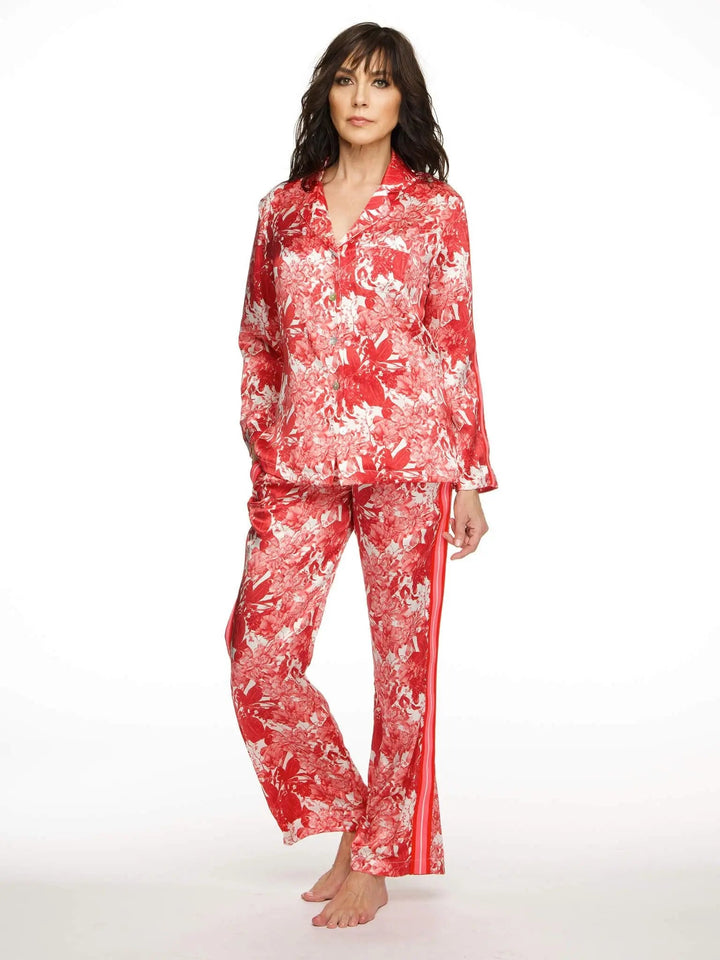 Women's Fire Lily Silk Pajama Set With Stripe - Nigel Curtiss