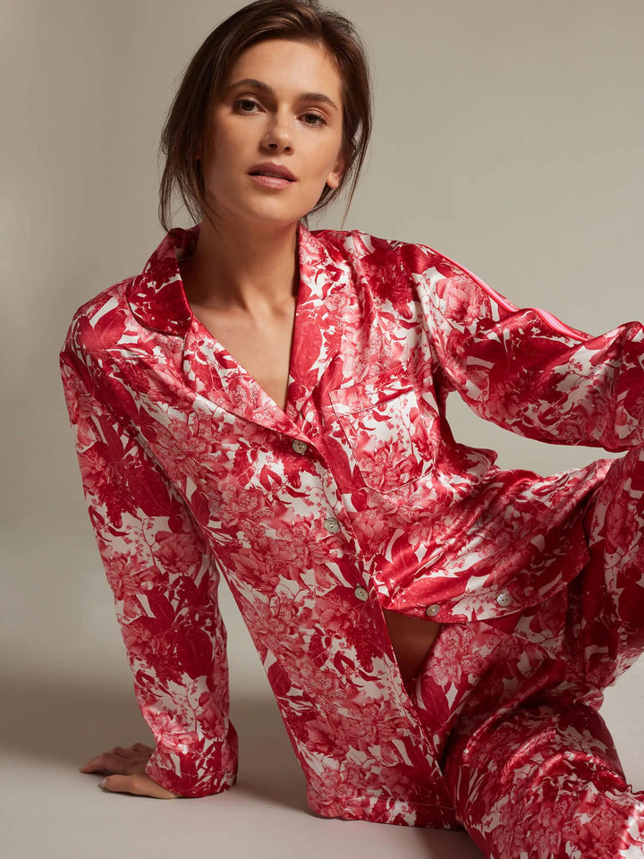 Women's Fire Lily Silk Pajama Set With Stripe - Nigel Curtiss