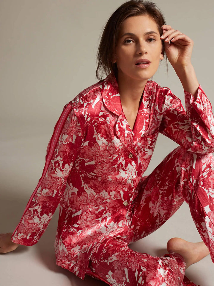 Women's Fire Lily Silk Pajama Set With Stripe - Nigel Curtiss
