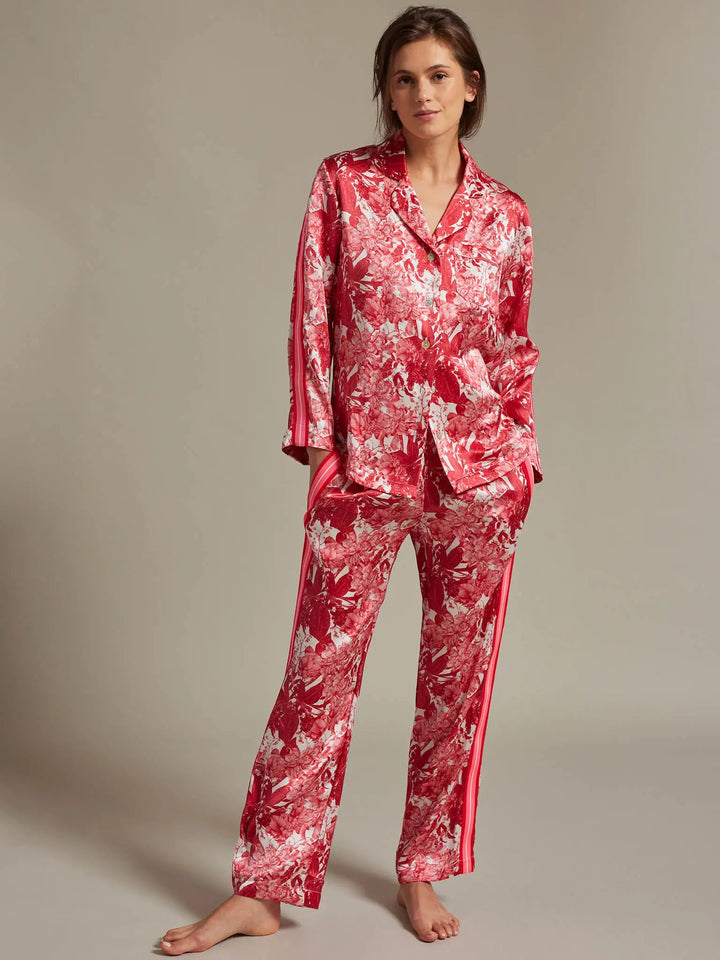 Women's Fire Lily Silk Pajama Set With Stripe - Nigel Curtiss