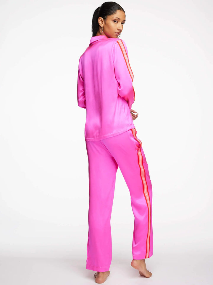 Women's Glossy Fuchsia Pink Silk Pajama Set With Stripe - Nigel Curtiss