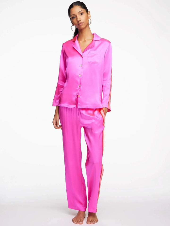 Women's Glossy Fuchsia Pink Silk Pajama Set With Stripe - Nigel Curtiss