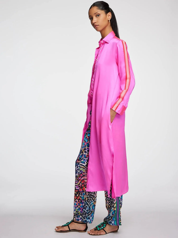 Women's Glossy Fuchsia Pink Silk Shirt Dress With Stripe - Nigel Curtiss