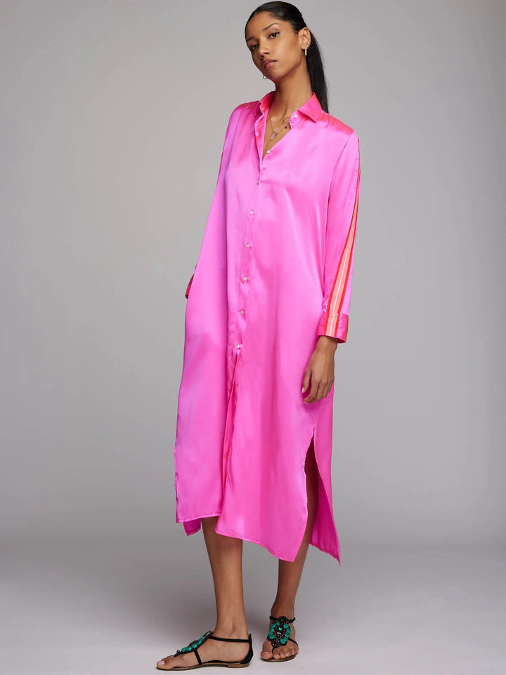 Women's Glossy Fuchsia Pink Silk Shirt Dress With Stripe - Nigel Curtiss