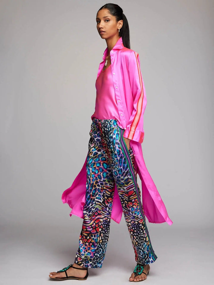 Women Fuchsia Satin Floral Shirt With Stripe Lounge Pants