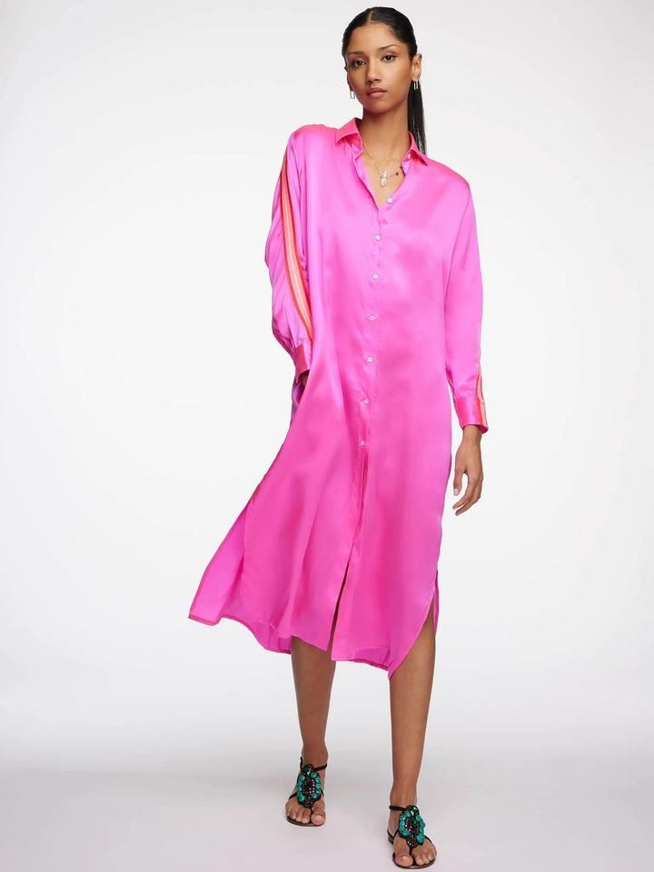 Women's Glossy Fuchsia Pink Silk Shirt Dress With Stripe - Nigel Curtiss
