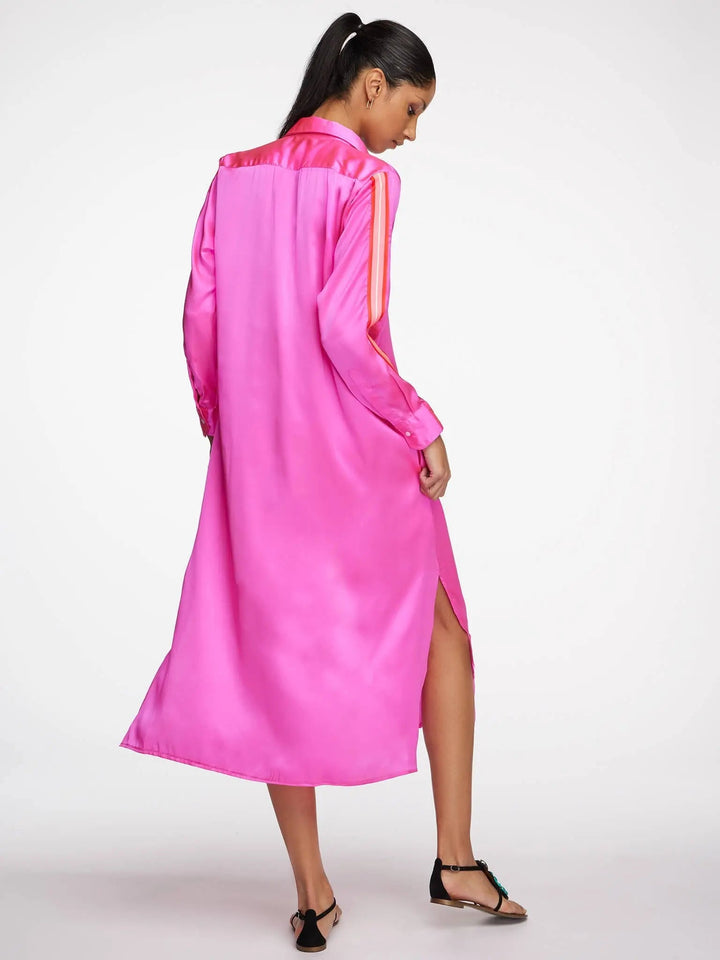 Women's Glossy Fuchsia Pink Silk Shirt Dress With Stripe - Nigel Curtiss