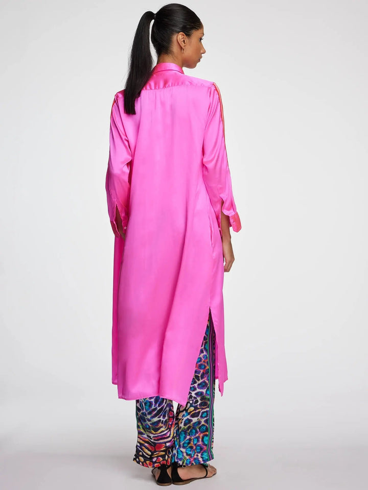 Women's Glossy Fuchsia Pink Silk Shirt Dress With Stripe - Nigel Curtiss