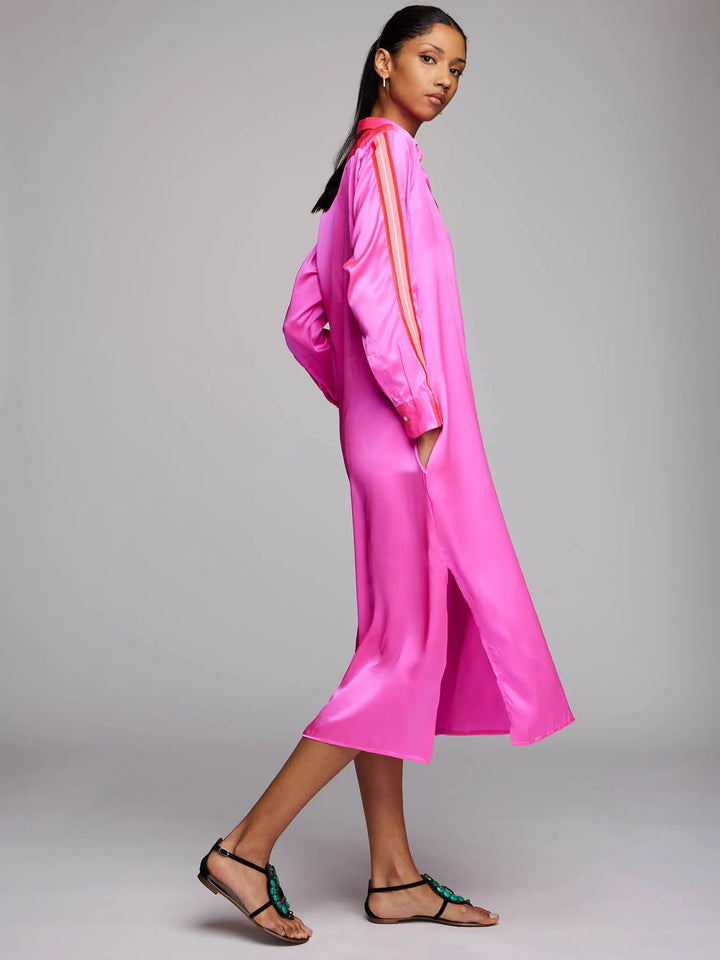 Women's Glossy Fuchsia Pink Silk Shirt Dress With Stripe - Nigel Curtiss