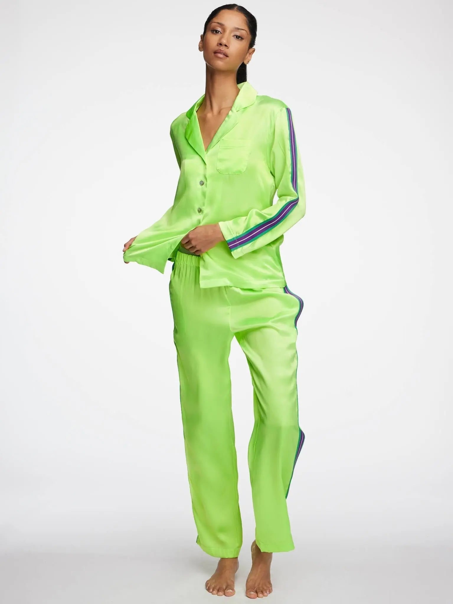 Women s Glossy Lime Green Silk Pajama Set With Stripe Nigel Curtiss