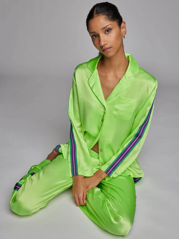 Women's Glossy Lime Green Silk Pajama Set With Stripe - Nigel Curtiss