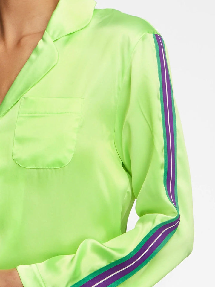 Women's Glossy Lime Green Silk Pajama Set With Stripe - Nigel Curtiss
