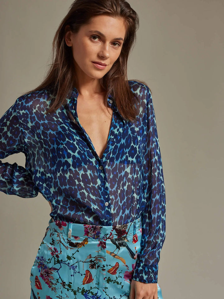 Women's Leopard Silk Chiffon Blouse In Blue - Nigel Curtiss