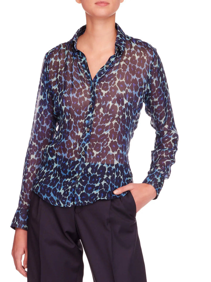 Women's Leopard Silk Chiffon Blouse In Blue - Nigel Curtiss