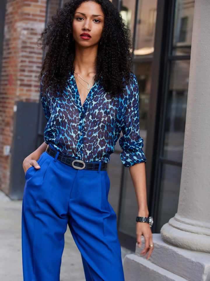 Women's Leopard Silk Chiffon Blouse In Blue - Nigel Curtiss