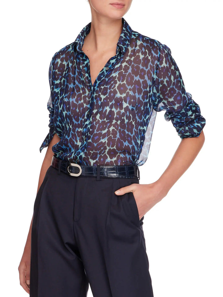 Women's Leopard Silk Chiffon Blouse In Blue - Nigel Curtiss