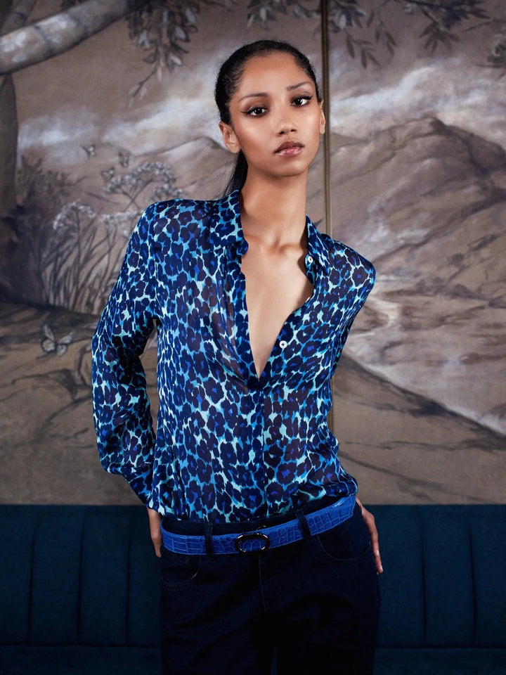 Women's Leopard Silk Chiffon Blouse In Blue - Nigel Curtiss