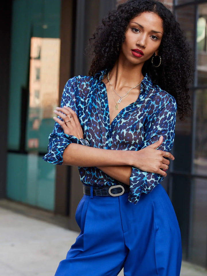 Women's Leopard Silk Chiffon Blouse In Blue - Nigel Curtiss