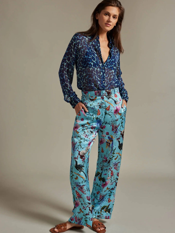 Women's Leopard Silk Chiffon Blouse In Blue - Nigel Curtiss