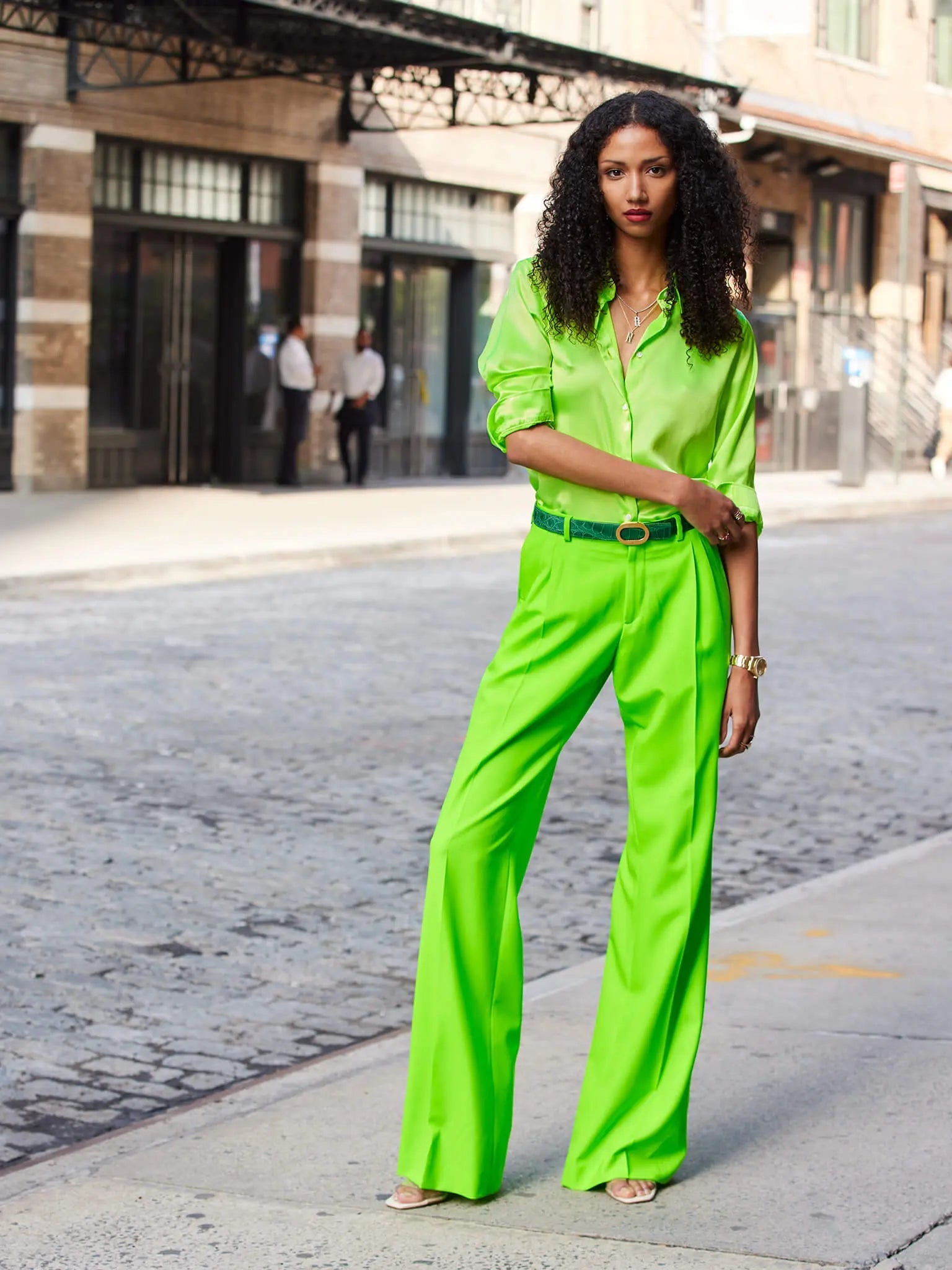 Neon Green Suit With Blazer With Scarves And Wide Leg Pants | BLUZAT | Wolf  & Badger