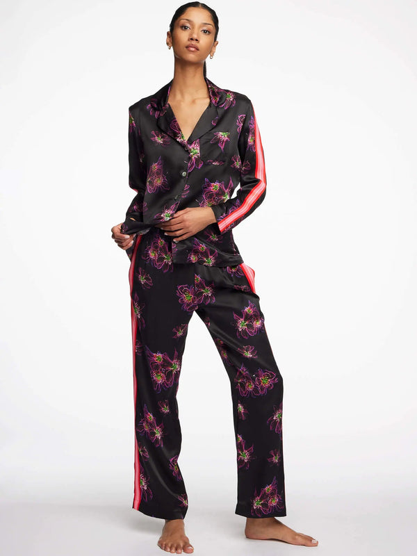 Women's Magenta Jellyfish Floral Silk Pajama Set With Stripe - Nigel Curtiss