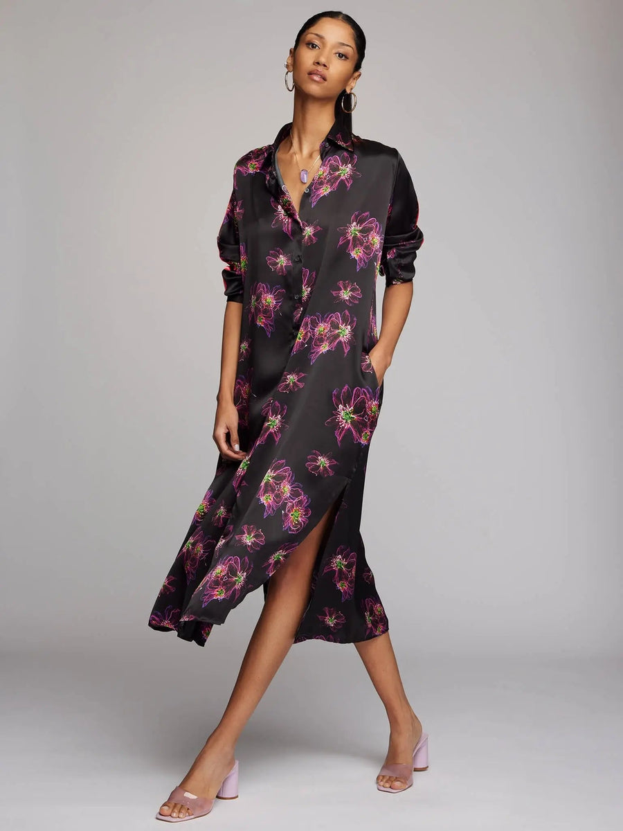 Women's Magenta Jellyfish Floral Silk Shirt Dress With Stripe - Nigel Curtiss