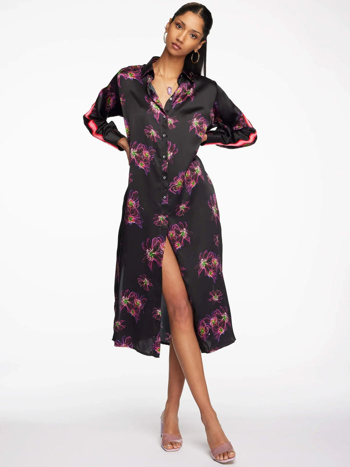 Women's Magenta Jellyfish Floral Silk Shirt Dress With Stripe - Nigel Curtiss