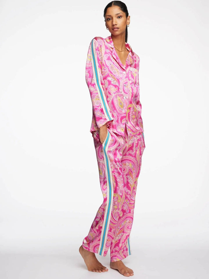 Women's Pink Palm Beach Paisley Silk Pajama Set With Stripe - Nigel Curtiss