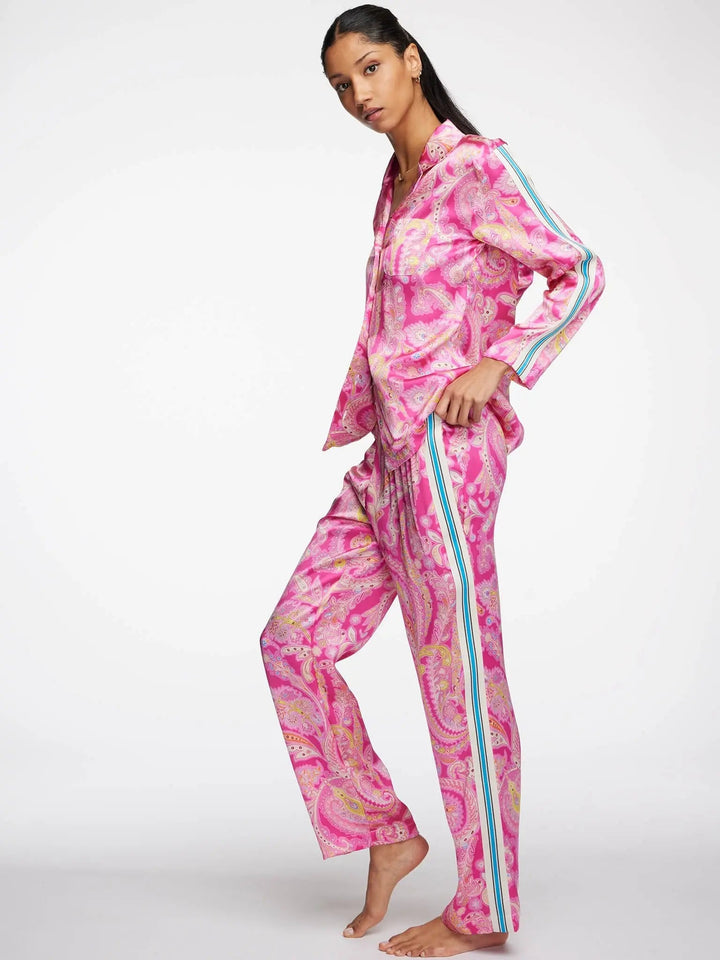 Women's Pink Palm Beach Paisley Silk Pajama Set With Stripe